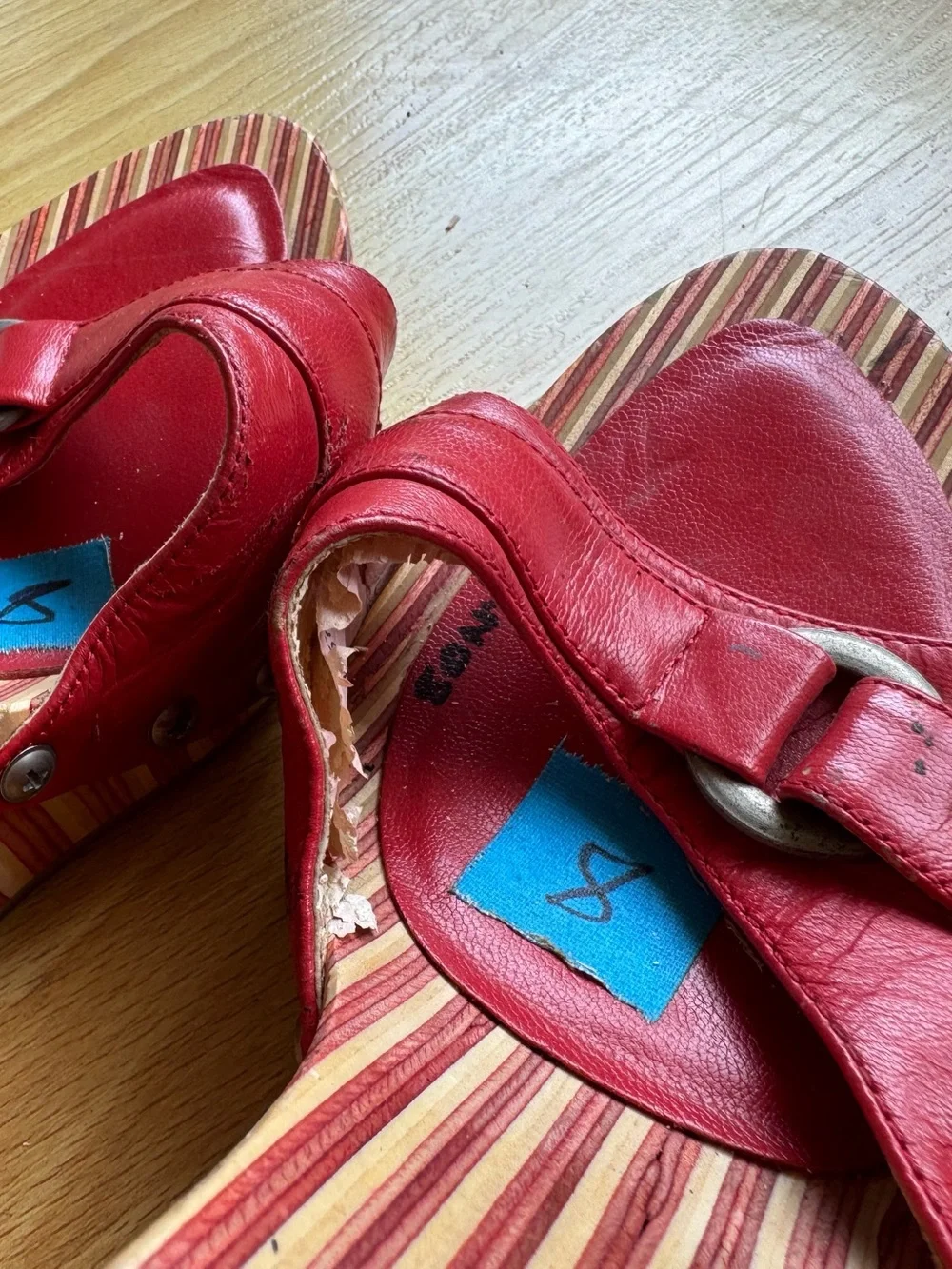 Vintage Fornarnia red leather and wood wedge sandals